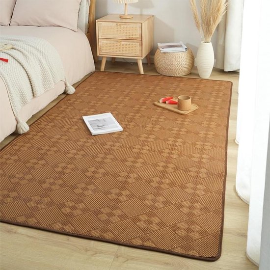 Natuurlijk Rotan Mat - Vloermat Ademend - Koel Slapen - Gladde Crypto Weving - 80 x 200 cm - Bruin Gestreept
