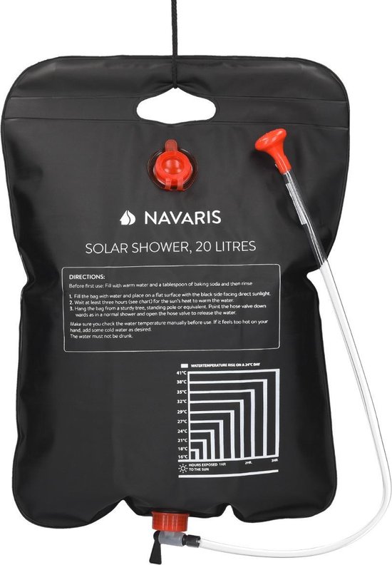 Navaris campingdouche op zonne-energie - 20 liter - Verwarmbare camping douchezak met douchekop, slang en kraan - Ideaal voor reizen en kamperen van Navaris