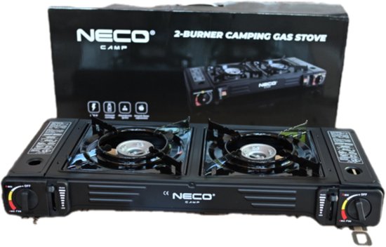 Neco Camp 2-Pits Camping Kooktoestel – Draagbaar Gasfornuis – Inclusief Piëzo Ontsteking – Zwart
