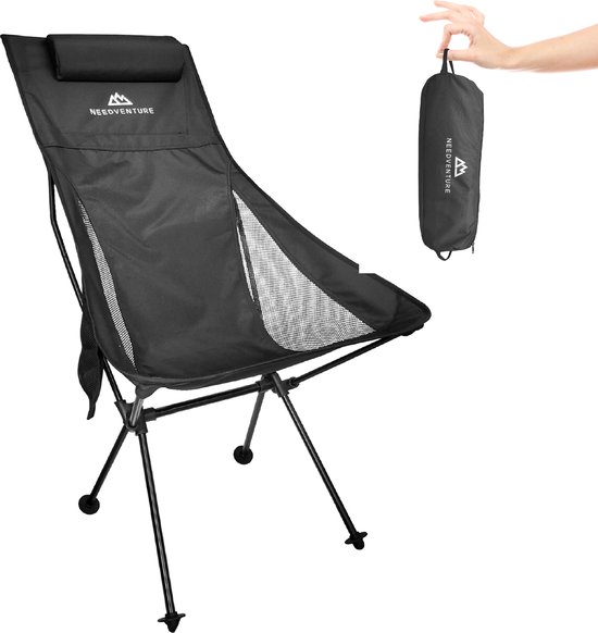 NEEDVENTURE® Campingstoel - Strandstoel - Visstoel - Vouwstoel - Opvouwbaar - Inklapbaar - Lichtgewicht - Hoge Neksteun - Zwart van NEEDVENTURE®