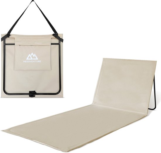 needventure® Strandmat met Rugleuning - Strandstoel - Opvouwbaar - Lichtgewicht - Opbergvak met rits - Verstelbare Rugleuning - Beige - Nieuw van NEEDVENTURE®