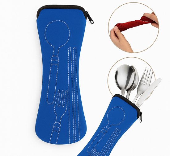 Neopreen Bestektas Voor Onderweg – Draagbare, Wasbare Bestekhouder Met Rits – Lichtgewicht & Stevig – 21 x 6 cm – Ideaal Voor Camping, School, Picknick & Outdoor – Blauw