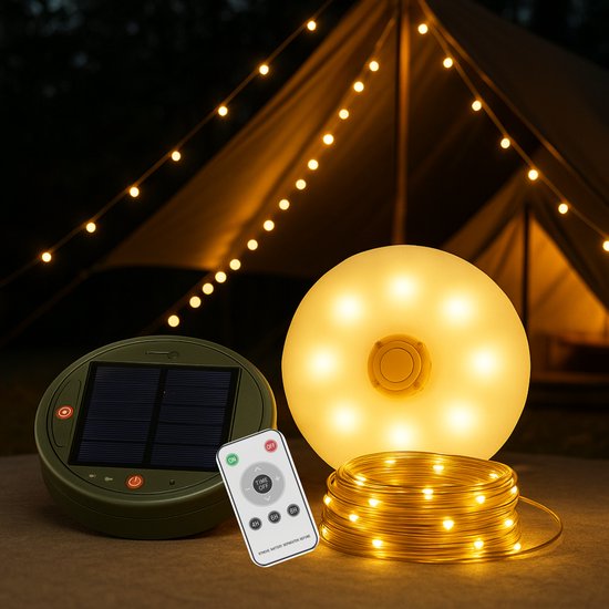 Niba® Solar Camping Lamp Groot met 10m LED Lichtsnoer – 3600mAh Accu – Oplaadbaar via Zonnepaneel & USB-C – Warm Wit – Inclusief Afstandsbediening & Powerbank – String Lights voor Tent, Camper & Tuin