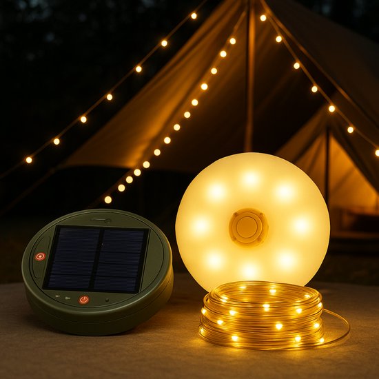 Niba® Solar Camping Lamp Klein met 10m LED Lichtsnoer – 1800mAh Accu – Oplaadbaar via Zonnepaneel & USB-C – Warm Wit – Powerbank – String Lights voor Tent, Camper & Tuin
