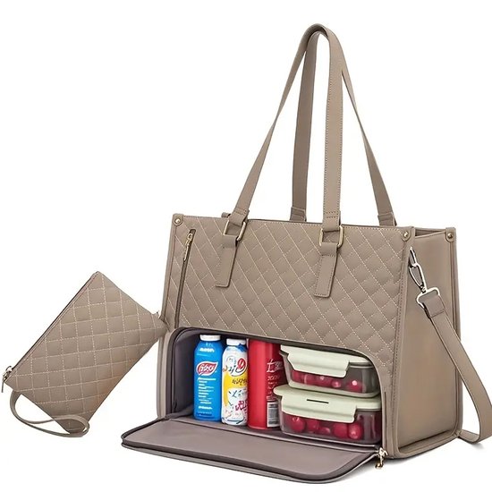 Niet-voedselcontact, 2-in-1 lunch- en reistasset met lekvrije geïsoleerde koeltas en opbergvak, multifunctionele handtas, lunchtas voor terug naar school（Khaki）