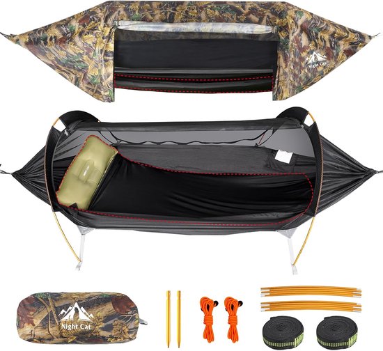 Night Cat Hangmat Tent met Muggennet Waterdichte Regenkap voor 1 Persoon Wandelen Kamperen in de Tuin Achtertuin Wilde Camouflage Pro