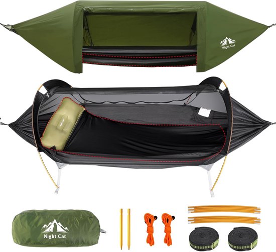 Night Cat Hangmat Tent met Muggennet Waterdichte Regenkap voor 1 Persoon Wandelen Kamperen in de Tuin Achtertuin Wilde Groen Pro