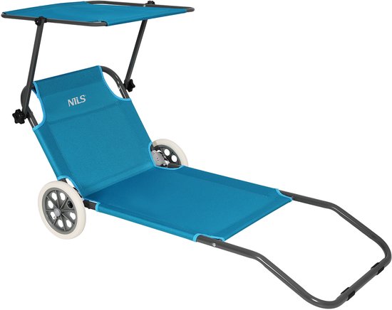Nils Camp NC3307 Blauwe Strandligstoel met Zonnedak en Wielen