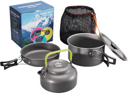 Nood kookset - pannenset 3-in-1 - PFAS-vrij - Lichtgewicht aluminium - 2-3 personen