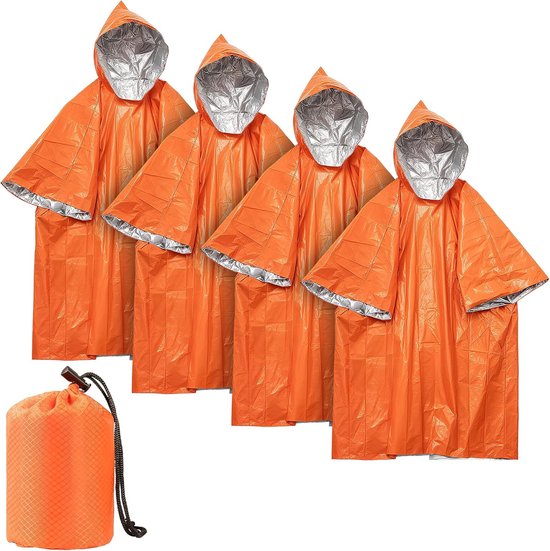Nood poncho，4 stuks noodregenponcho, reddingsdeken, bivakzak, noodslaapzak, EHBO-warmtedeken, isolerend en waterdicht, geschikt voor kamperen, wandelen en noodsituaties van Merkloos