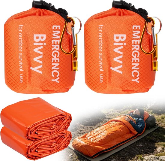Nood Slaapzak - Survival Bivakzak - Outdoor Kamperen - Inclusief Fluitje - 2 Persoons - Oranje