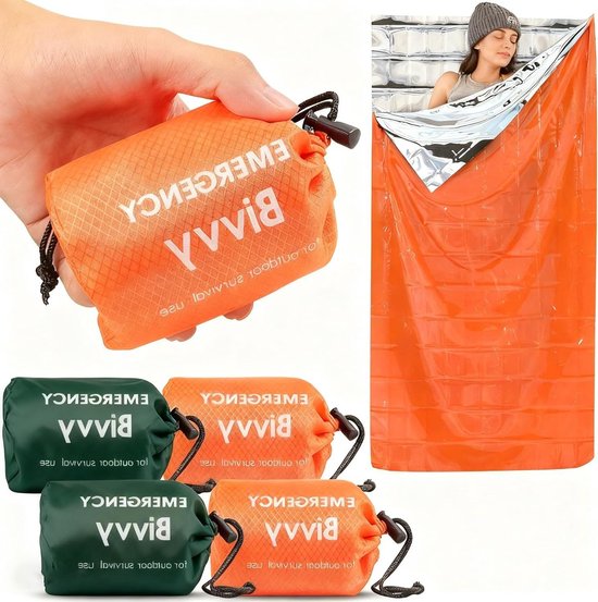 Noodbivakzak 4-delig - Survival slaapzak - Outdoor avonturen - Warmte reflecterend - 91 cm x 211 cm - Oranje en Groen