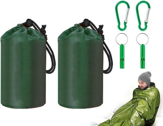 Nooddeken Set van 2 - Waterdichte Thermische Slaapzakken met Fluitje en Karabijnhaak voor Kamperen en Wandelen - Lichtgewicht en Compact voor Outdoor Avonturen