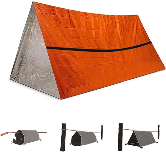 Noodoverlevingstent - voor 2 Personen - 3 Paracords, Tentharingen, Glowstick, Fluitje - 100% Waterdichte Tent - Ultralicht en Extra Groot van Nooduitgang.