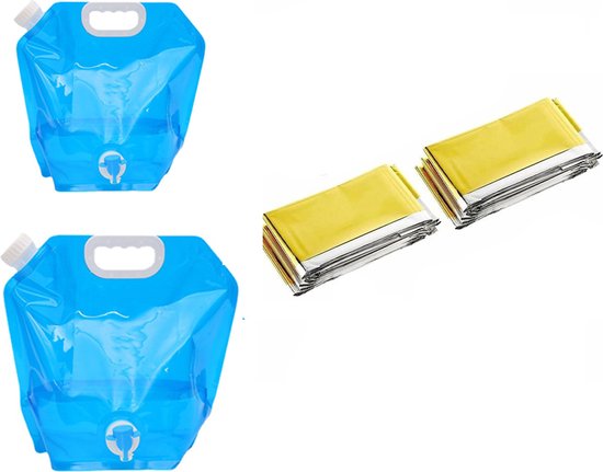 Noodpakket - 2 stuks Opvouwbare waterjerrycan 5 en 10 Liter - 2 stuks Nooddeken 160x210cm - combinatie - overlevingsdeken - thermische - Overleving Kit - waterreservoir voor nood - voor buiten, wandelen, kamperen van Lifetime
