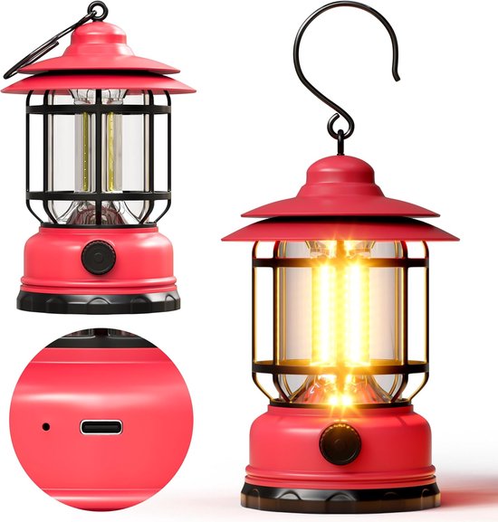 Noodpakket - Noodverlichting - Oplaadbare Kampeerlantaarn - Retro LED Verlichting - Roterende Dimmers - Draagb are Hangende Tentlamp - COB Helderheid - Noodgevallen - Draagbare - Perfect voor Kamperen - Wandelen - Stroomuitval - Kado - Rood