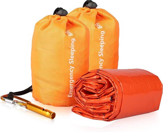 Noodslaapzak, 2 stuks, lichte waterdichte overlevingszak, thermische nooddekens, draagbare Mylar overlevingsuitrusting met fluitje voor kamperen, wandelen, outdoor activiteiten van Merkloos