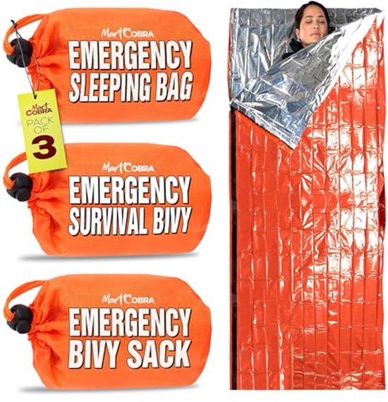 Noodslaapzak 3-pack - Survival bivy - Noodsituatie voorbereiding - Waterdichte Mylar folie - 213 x 91 cm - Oranje