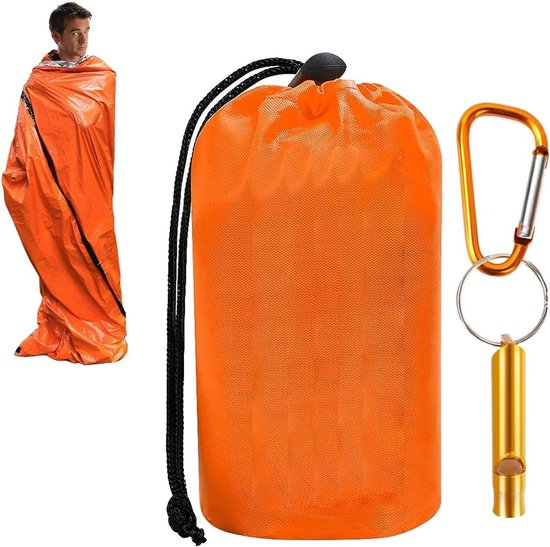 Noodslaapzak - Bivakzak reddingsdeken - Outdoor survival - Signaal fluitje - Compact opvouwbaar - Fel oranje