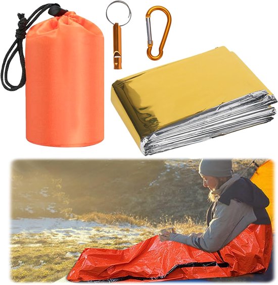 Noodslaapzak en Bivakzak Set - Ultralicht Waterdicht Survival Slaapzak met Reddingdeken en Fluitje voor Outdoor en Kamperen