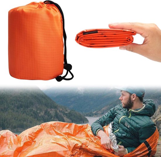 Noodslaapzak - Overlevingsslaapzak - Geïsoleerde deken - Noodkampeertas - Noodreddingsdeken - Herbruikbaar - Geschikt voor buiten, kamperen, wandelen, reizen - 210 x 90 cm - Oranje van Merkloos