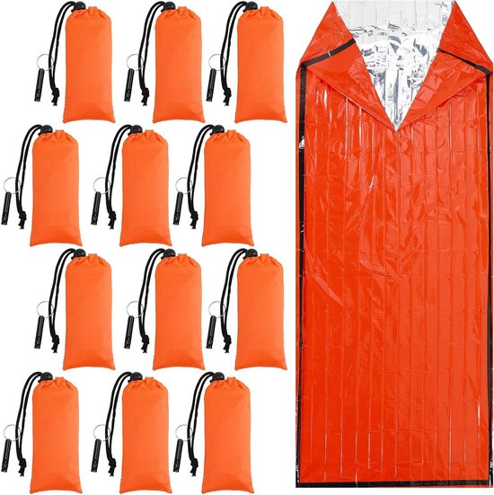 Noodslaapzak Set - Survival Bivvy - Outdoor Noodsituaties - Met Fluitje - 12 Stuks - Oranje Zwart