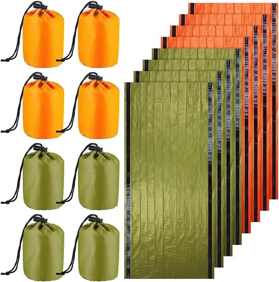 Noodslaapzakken - Thermische dekens - Buiten avontuur - Waterdicht en winddicht - 8 stuks - Groen Oranje