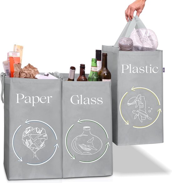 Norggo Pack of 3 Recycling System Bags - 3-Compartment Waste Separation System - Recycling Container 40 L - Waste Separation for Paper, Plastic and Glass Deposit Bottles Storage (Knoebel) van Norggo