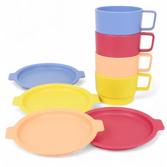 Norlander Serviesset – 4 Borden Ø 23,5 cm & 4 Bekers 300 ml – Meerkleurig – Stevig Kunststof – Geschikt voor Camping, Outdoor & Dagelijks Gebruik