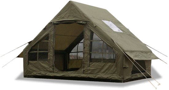 Norvikx Opblaasbare Glampingtent 3-4 Personen - 300x210x200 cm - Luxe Opblaastent met Luchtframe & Handpomp - Waterafstotend 300D Oxford & PVC Kuipzeil - Dubbele Deur, Klamboe Gaasramen & Schoorsteenopening - Legergroen