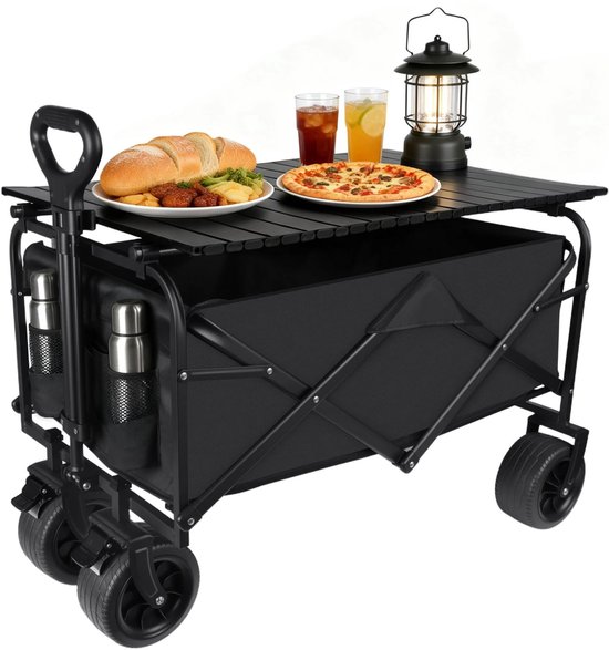 Noventra - bolderkar - bolderkar met tafel - opvouwbaar - laadvermogen tot 75 kg - dikke wielen - zwart - strand - camping