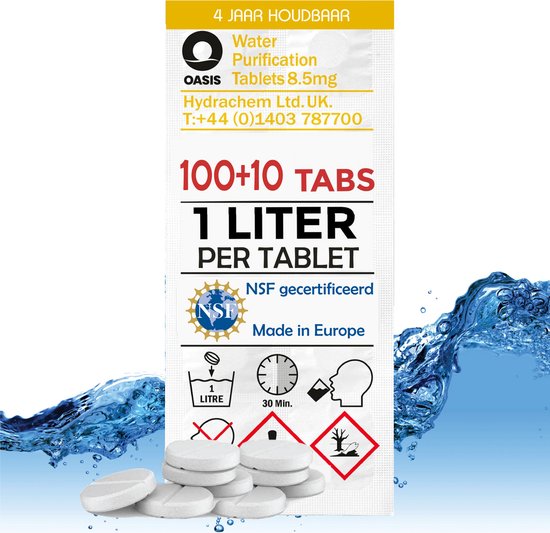 Oasis Travel Waterbehandeling voor bereiding van drinkwater (110 tabletten - 1 liter per tablet) Waterdesinfectie en drinkwaterbehandeling - voor wandelen en kamperen, noodpakket, reisapotheek, overlevingspakket, preppers. van Merkloos