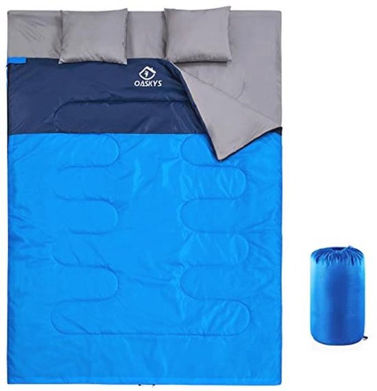 oaskys Dubbele slaapzak voor volwassenen met 2 kussens - Queen Size XL waterdichte slaapzak voor alle seizoenen kamperen wandelen backpacken 2 persoons slaapzakken voor koud weer en warm