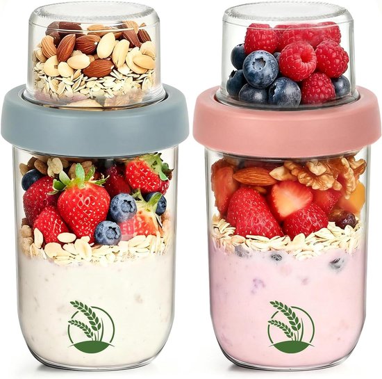 Oatmeal Bekers - Yogurt Pot - Gezond Ontbijten - Dubbelwandig Glas - 620ml Set van 2 - Blauw Roze