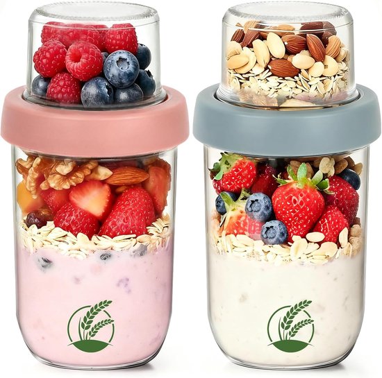 Oatmeal Cups Set - Yogurt Containers - Gezond Ontbijten - Dubbellaags Ontwerp - 620ml Totaal - Blauw Roze