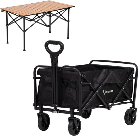 OFMOTRA Bolderkar - Opvouwbaar - 75KG Draagkracht - Draaibare wielen mét rem - met zwart kampeertafel - Verstelbare hendel - Bolderwagen - Transportkar - Handige opbergvakken - Zwart/Walnoot van OFMOTRA