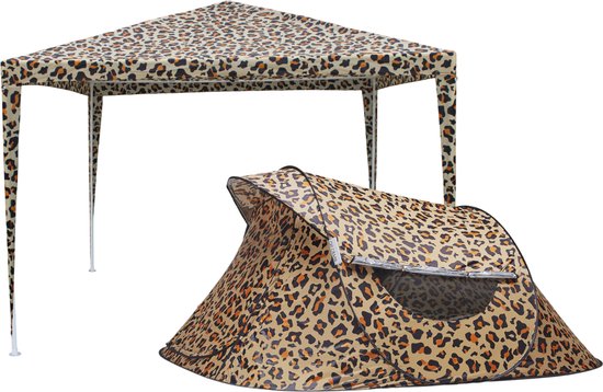 Oh Crabb festival tent pakket - pop up tent en partytent - pop up tent 2/3 persoons - partytent 3x3 - panter - panterprint - budget van Oh Crabb