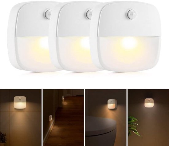 OIMG 3 x Nachtlampje met Bewegingssensor - Wandlampen - LED Kastverlichting en Trapverlichting met Sensor - Draadloos - Geschikt Voor o.a. Slaapkamer, Overloop, Garage - Dag en Nacht Sensor - Werkt op 3 AAA batterijen van OIMG