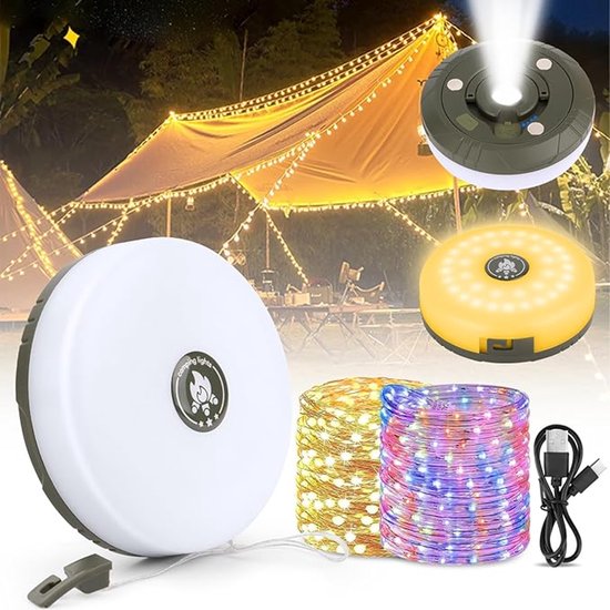 OIMG Campinglamp - Camping Lichtsnoer 10 Meter -Warm licht en gekleurd licht - Ambience Strip - IPX4 Waterdicht - Verlichting Buiten Slinger - draagbaar -waterdicht - campinglicht - USB - oplaadbaar - Voor Camping - Balkon - Feest & Terras