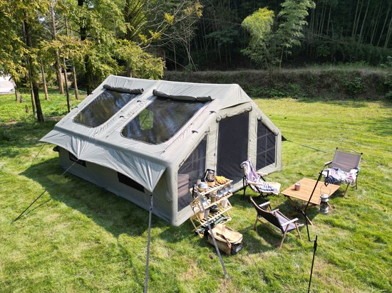 OKWISH Kampeertent – Opblaasbaar – 400 x 300 x 200 cm – Polyester – Legergroen – Voor 4 Slaapplaatsen En 7 Tot 8 Personen