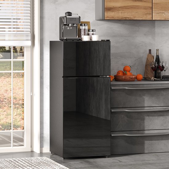 OKWISH Minikoelkast – 92 L Met Vriesvak – 42,5 x 42,5 x 102 cm – RVS En Glas – Zwart – Voor Keuken En Kantoor