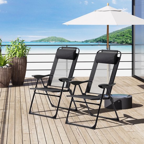 OKWISH Tuinstoel - Set Van 2 Inklapbare Tuinstoelen Met 5-Standen Rugleuning - Met Armleuningen Voor Tuin Of Balkon - Staal - Zwart