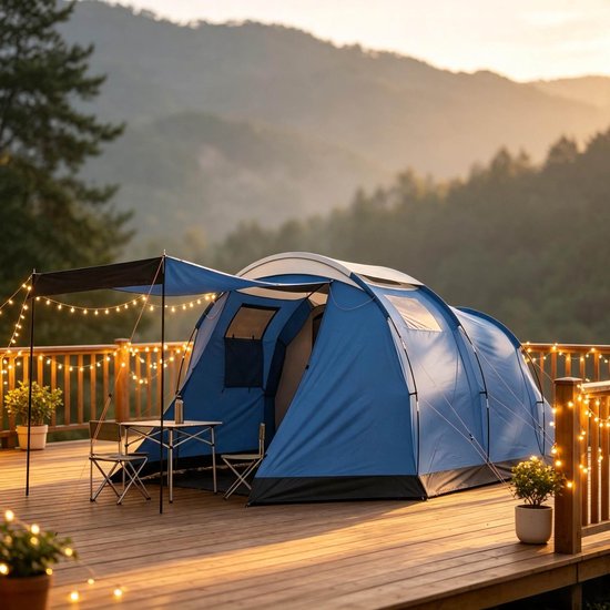 OKWISH Tunneltent 4 Persoons – Waterdicht 3000 mm & Dubbelwandig – Met Stahoogte 190 cm – Voor Gezinskamperen – Polyester – Blauw