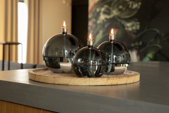 Olielamp - 3 set - Bol model - Peri glass - incl.Trechtertje - Smoke glas- 9-11-12cm - Chrome
