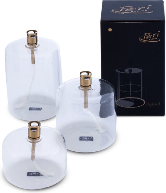 Olielamp - 3 set - Cilinder messing - Periglass - incl.Trechtertje - Helder glas - 5.5 - 8 - 11.5cm - Ø8cm van Periglass