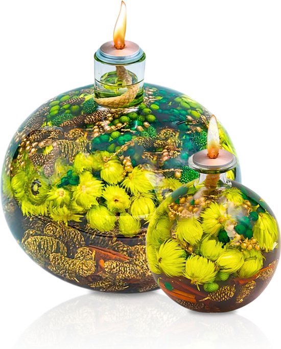 Olielamp met olie – Glazen Bol Ø13 cm – Kaars - Groen/Goud – Sfeerverlichting –Kerst – Navulbaar
