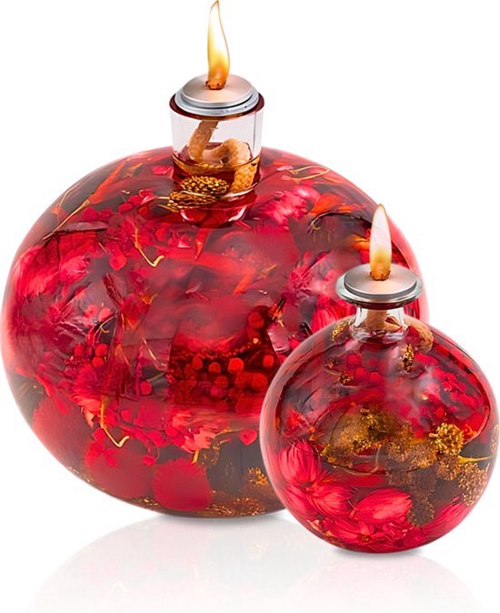 Olielamp met olie – Glazen Bol Ø13 cm – Kaars - Rood/Goud – Sfeerverlichting – Moederdag – Navulbaar