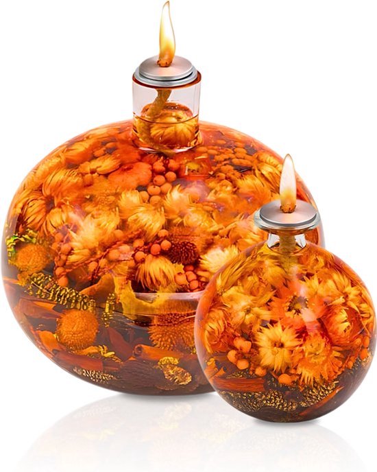 Olielamp met olie – Glazen Bol Ø13 cm – Kaars - Terra/Oranje – Sfeerverlichting –Kerst – Navulbaar