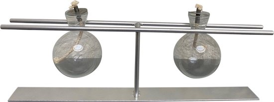 olielamp met twee glazen bollen met rechte houder kleur aluminium