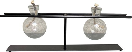 olielamp met twee glazen bollen met rechte houder kleur zwart